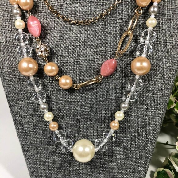 Multilayer Gold Chain Necklace Faux Pearl Crystal Beads Pink Accents Elegant - Picture 3 of 5